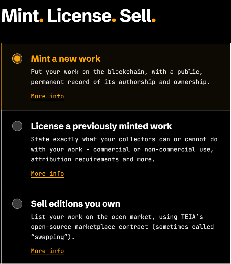 The teia.cafe/register page: Mint. License. Sell. Mint a new work, license a previously minted work, or sell editions you own.